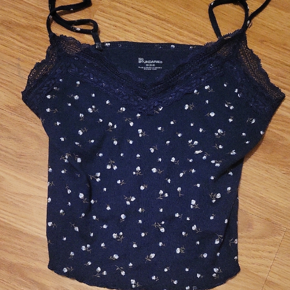 No Boundaries Dark Blue Floral Camisole with Lace